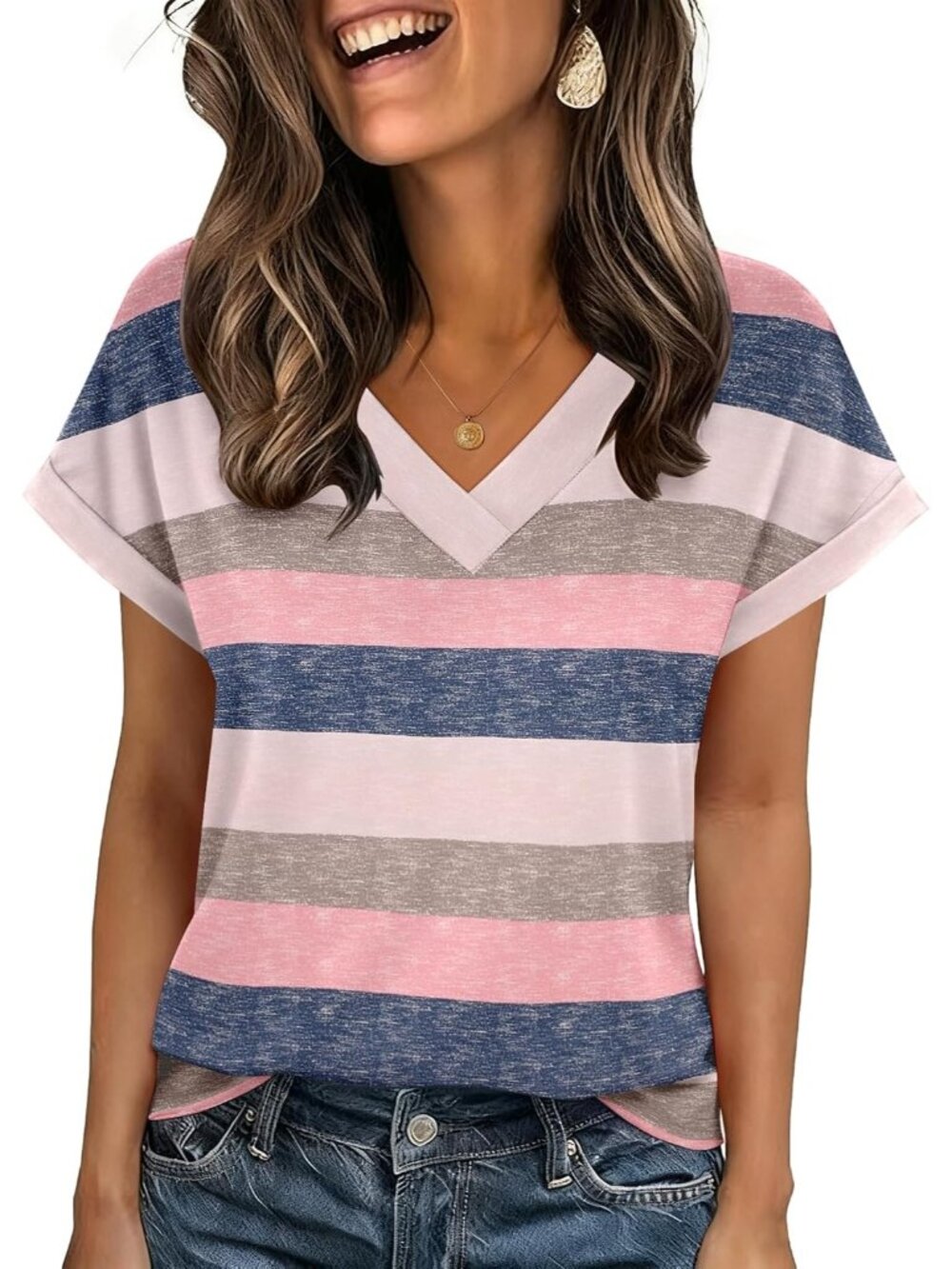 Women's Striped Short Sleeve V Neck Basic Tees Shirts Casual Top Blouses